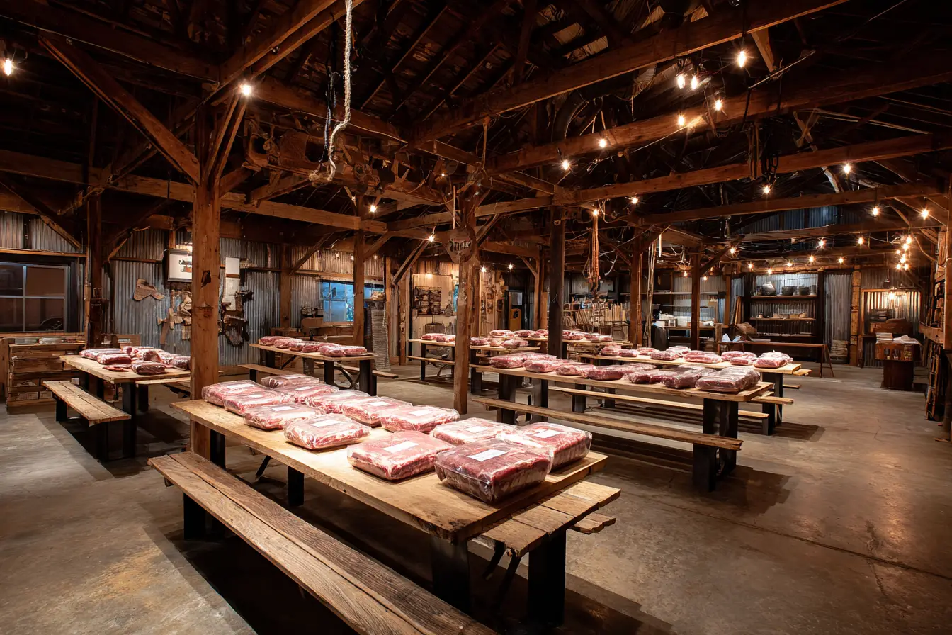 Barn interior with labeled, vacuum-sealed beef packages ready for pickup