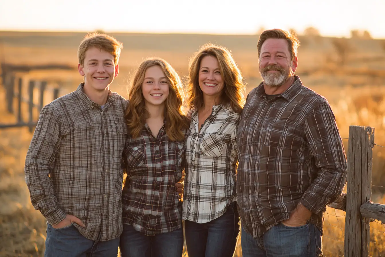 The Pine Ridge Beef family standing on the farm at sunset