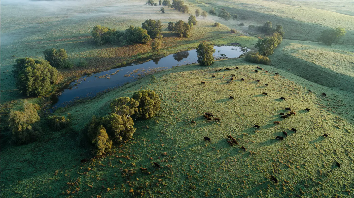 Aerial view of rolling pasture with cattle at Pine Ridge Beef