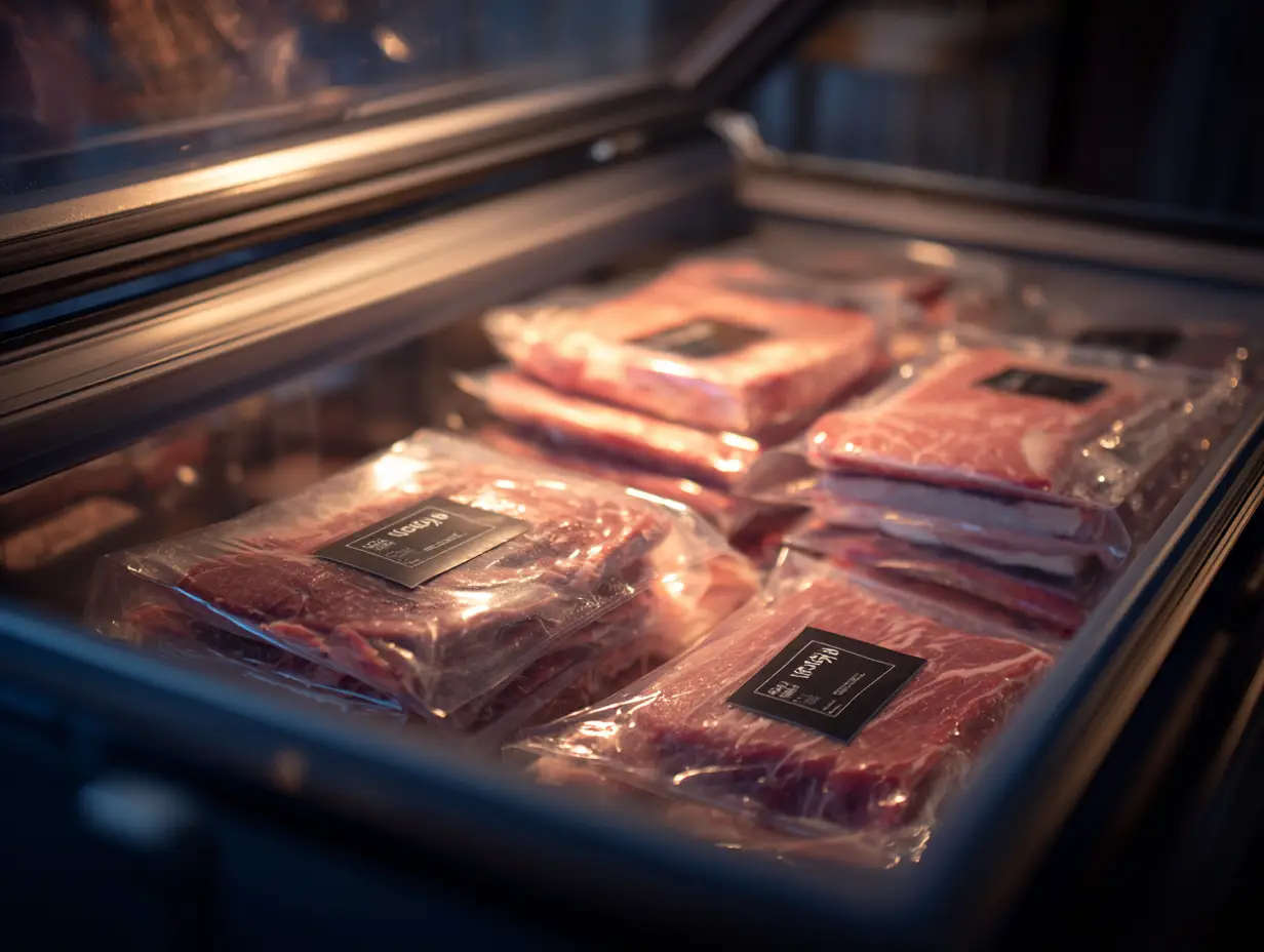 Freezer stocked with labeled packages of Pine Ridge Beef