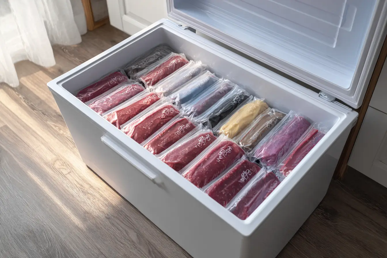 Chest freezer neatly organized with labeled packages