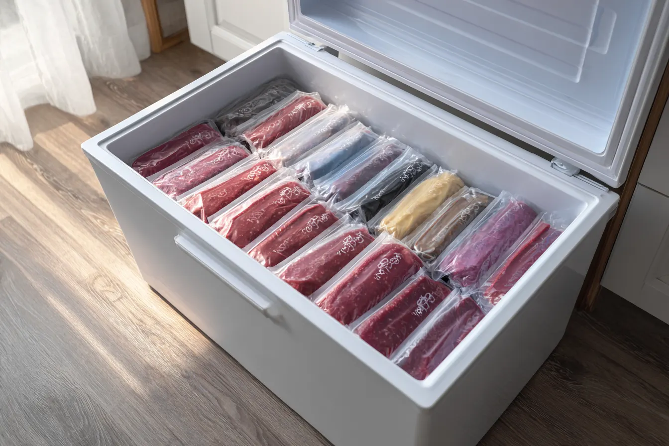 Organized freezer full of packaged beef