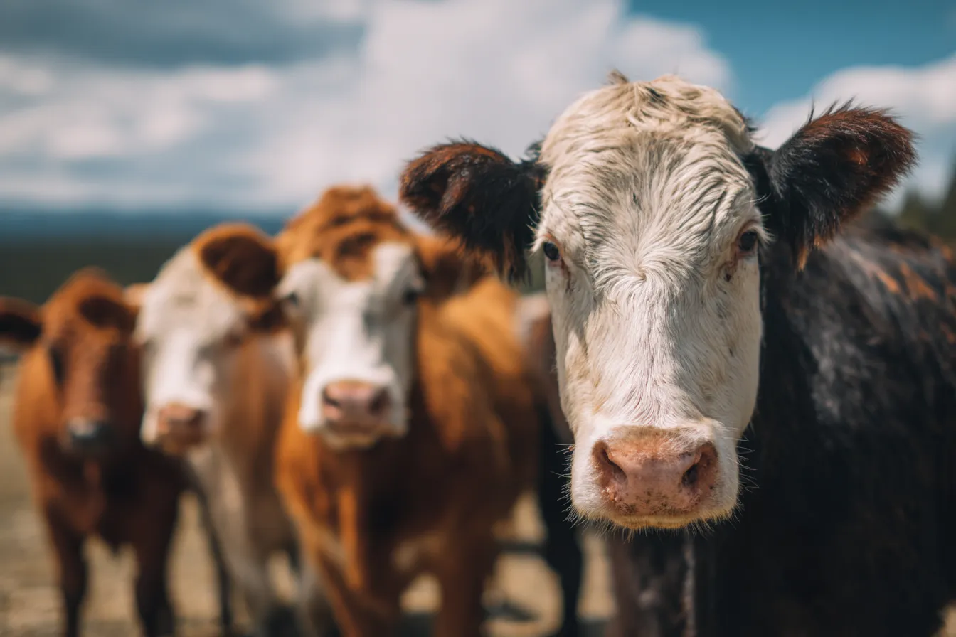 Calm herd near a tree line with blue sky
