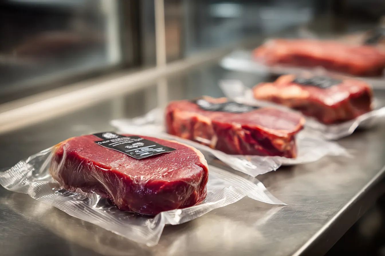 Vacuum-sealed beef packages with labels