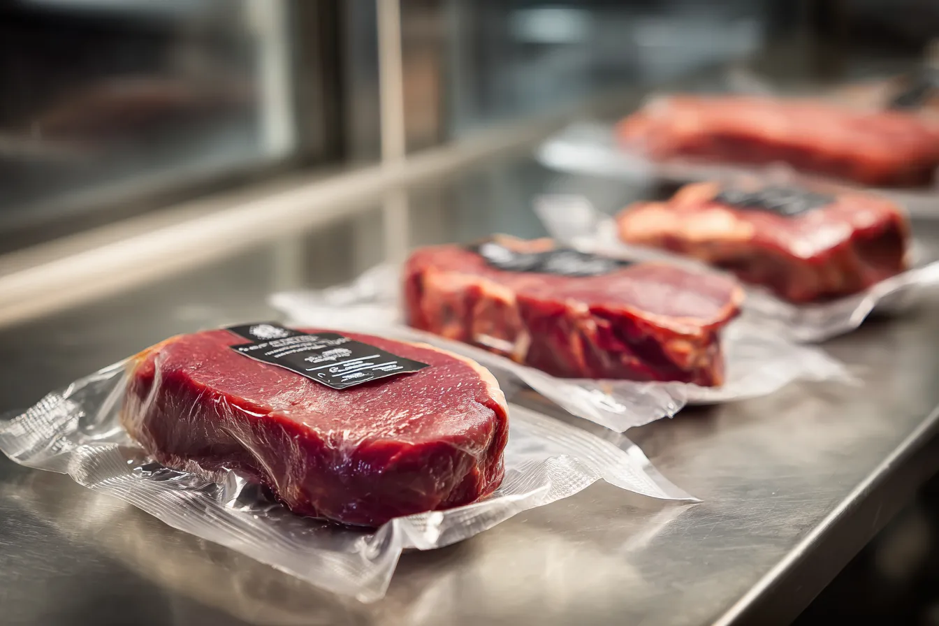 Vacuum-sealed steaks with clear labels