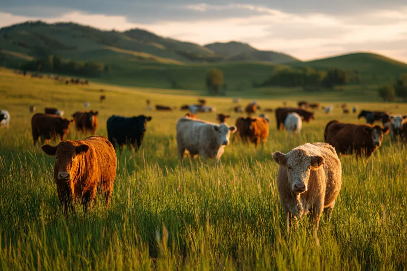 Cattle grazing in green pasture at sunset