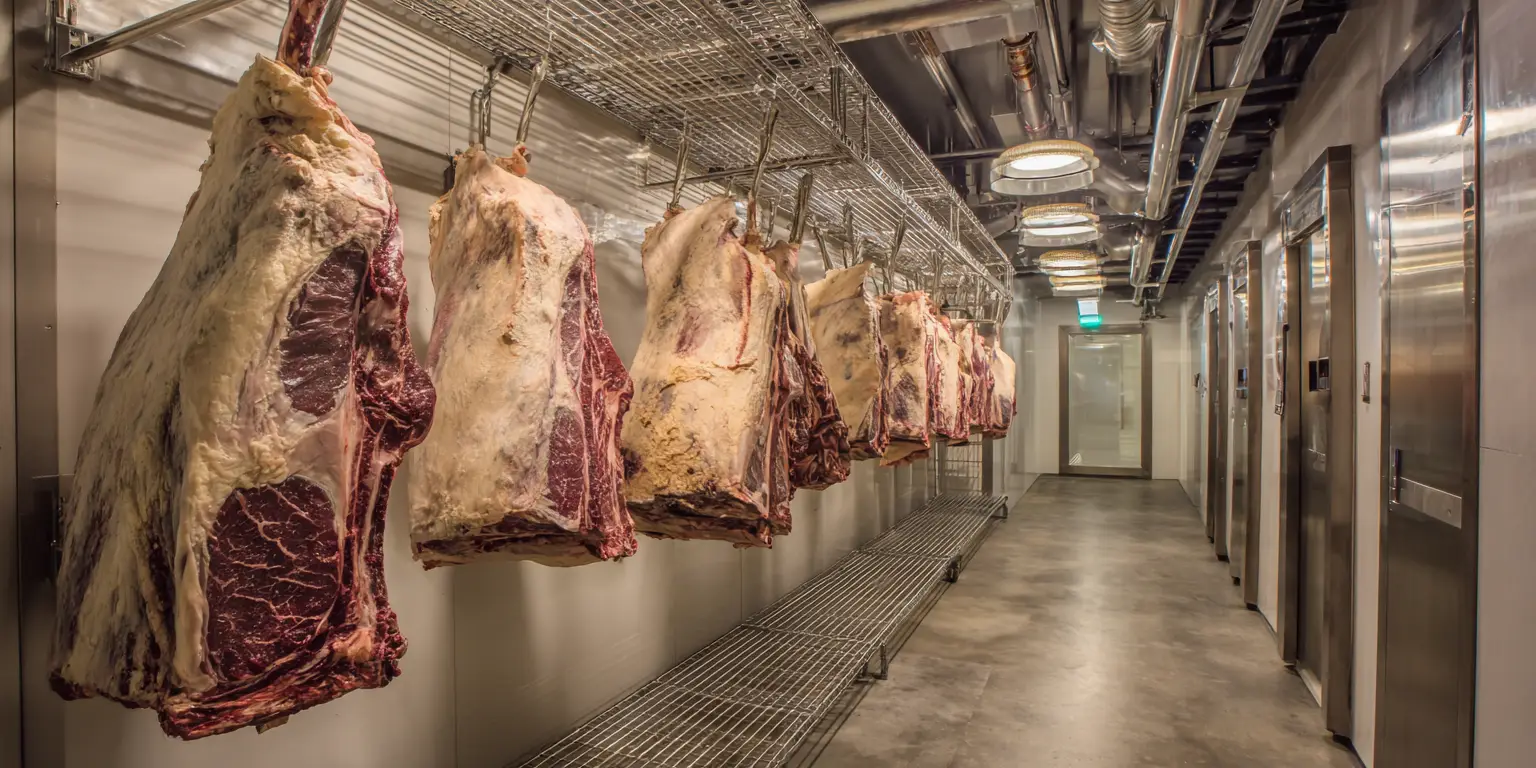 Beef dry-aging in a cold room